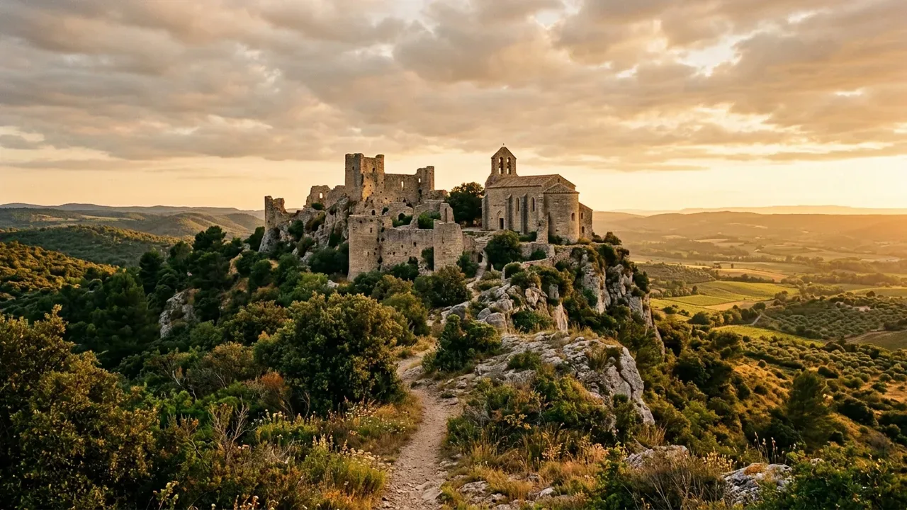 Vue panoramique des vestiges du Château d'Aumelas au soleil levant
